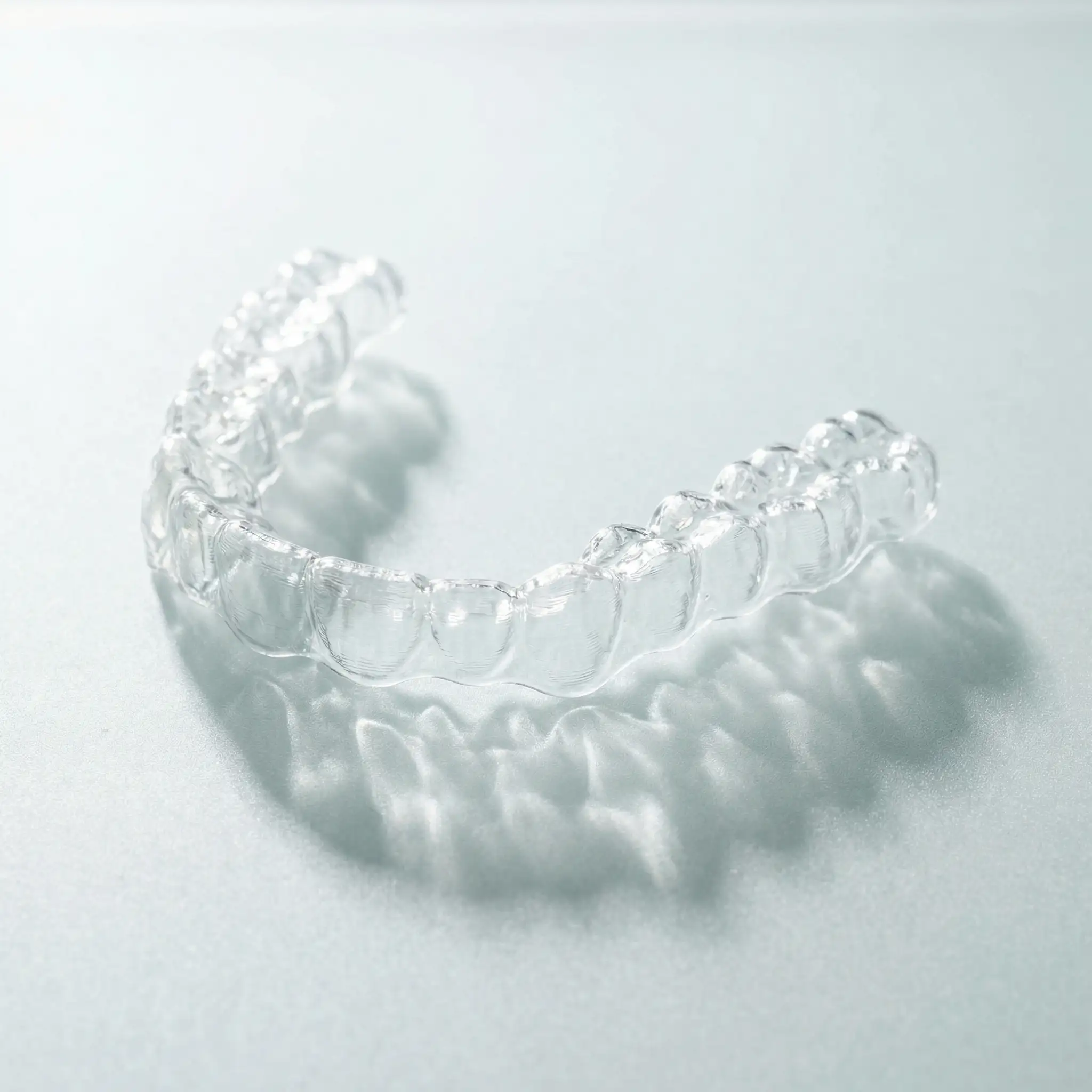 Clear plastic dental aligners resting on a clean surface