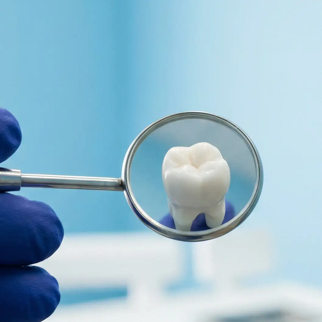 Gloved hands using a dental mirror to examine a healthy tooth
