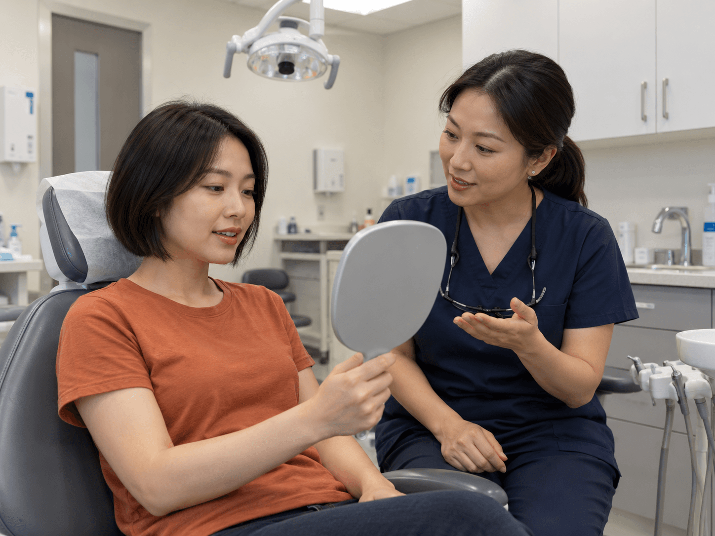 A woman uses a hand mirror while discussing an attachment appointment with a dentist.