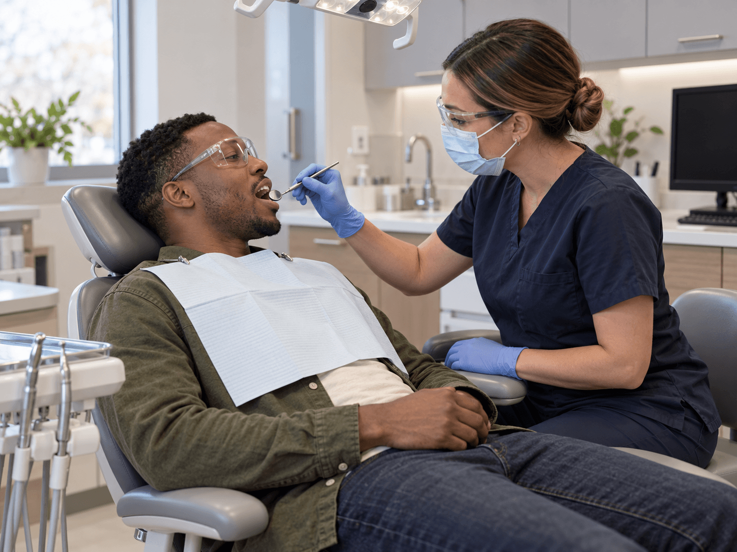 A dentist examines a man during an aligner progress review; both wear protective eyewear.