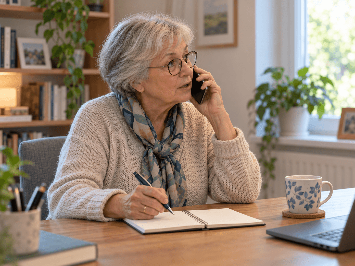 The woman calls to request details of her previous reaction, with a notebook ready.