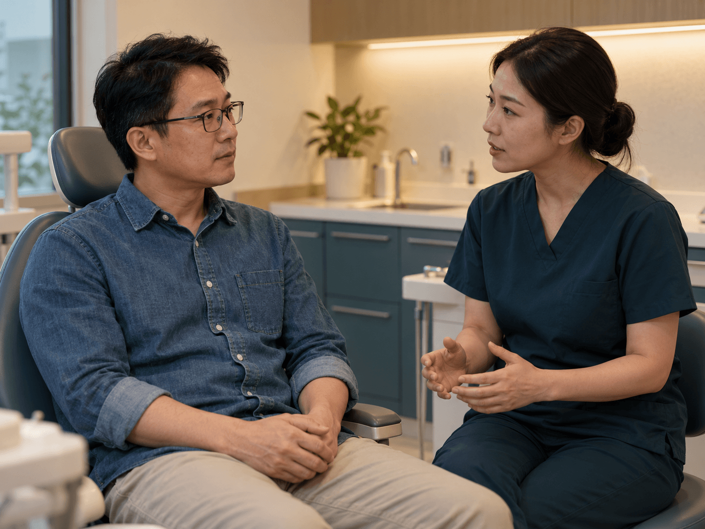 A man discusses further treatment for a root-treated tooth with a dentist.