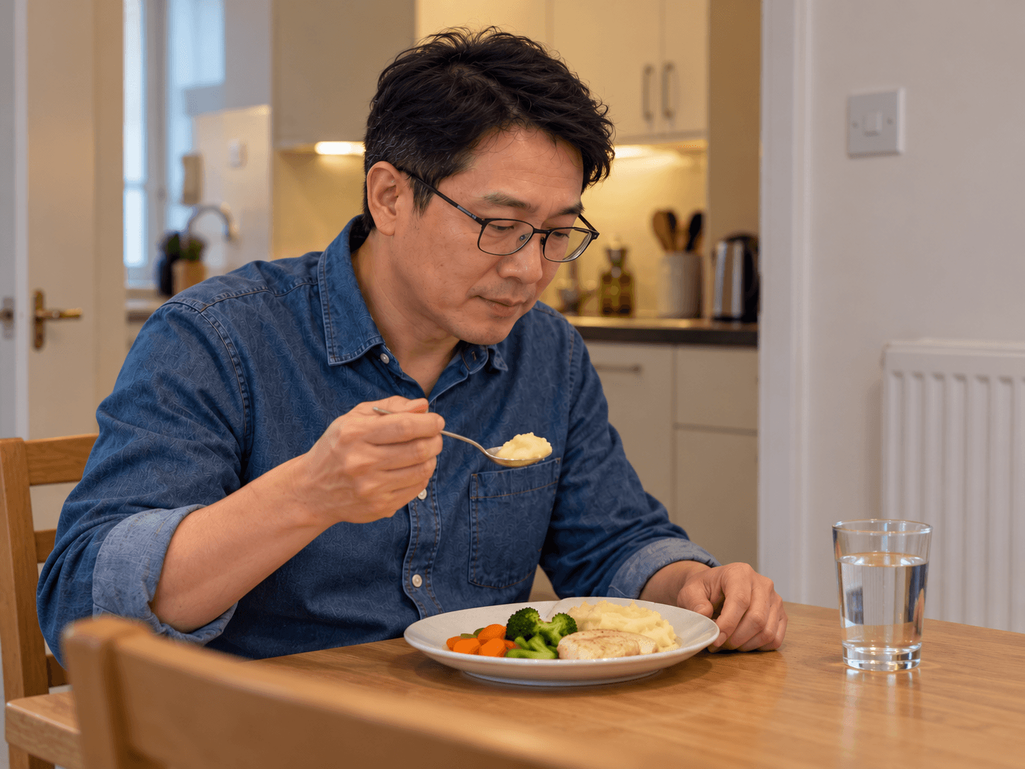 A man at home holds a spoonful of mashed potato above his plate while having a soft meal.