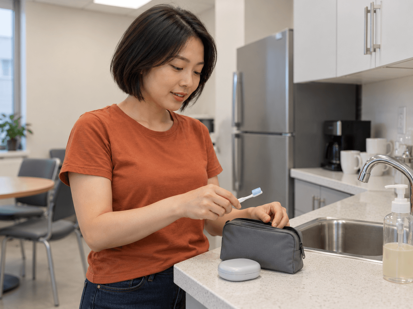 A woman packs her toothbrush into a travel pouch after lunch.