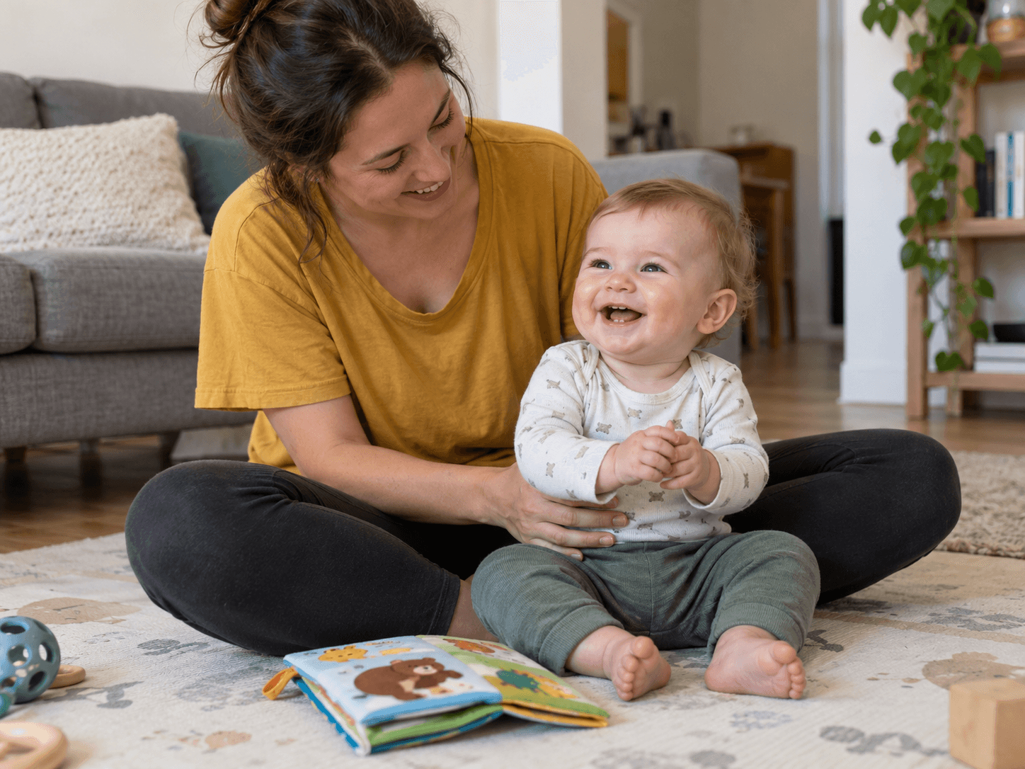 A mother supports her baby during play as he smiles with newly arriving front teeth.