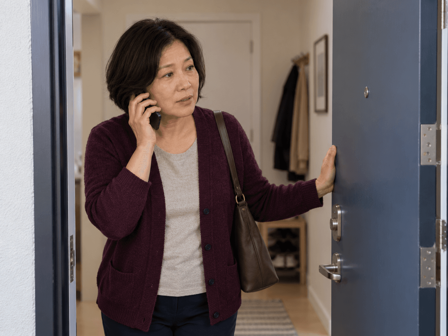 A woman pauses at her apartment door to make a phone call about an appointment.