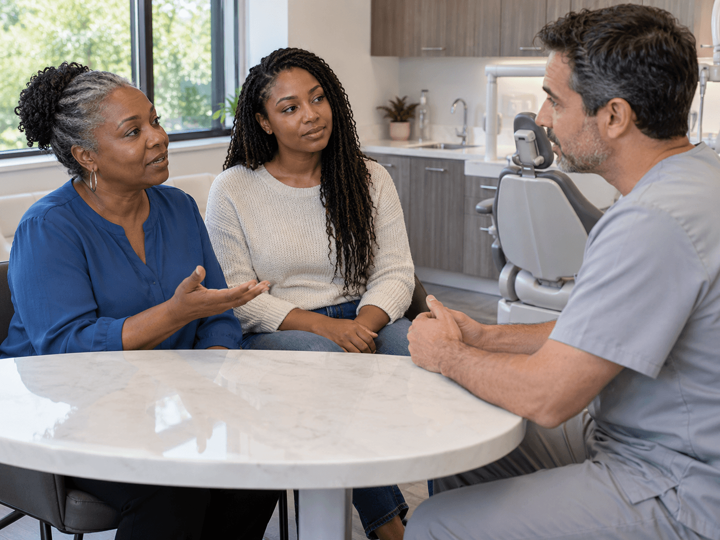 A woman and her adult daughter discuss treatment questions with a dentist.