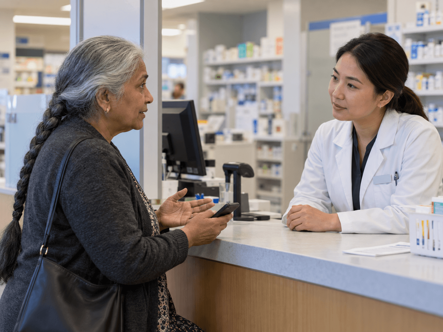 A woman asks a pharmacist about her medicine schedule before a dental appointment.