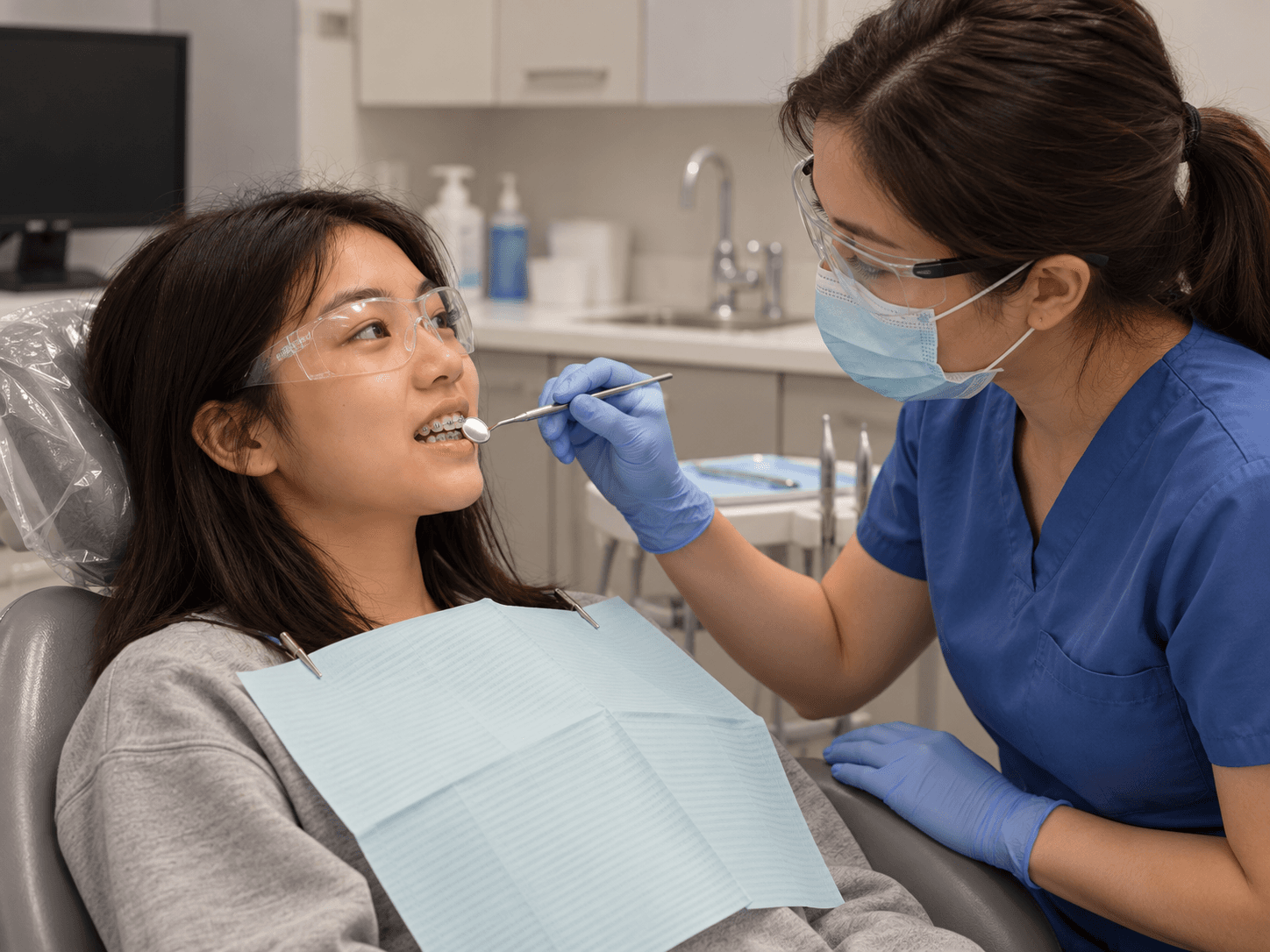A hygienist checks cleaning areas around a teenager's braces; both wear protective eyewear.