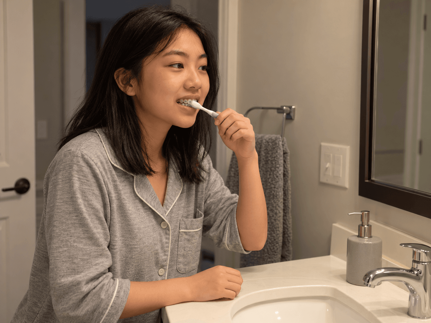 A teenager brushes carefully around her braces at the bathroom sink.