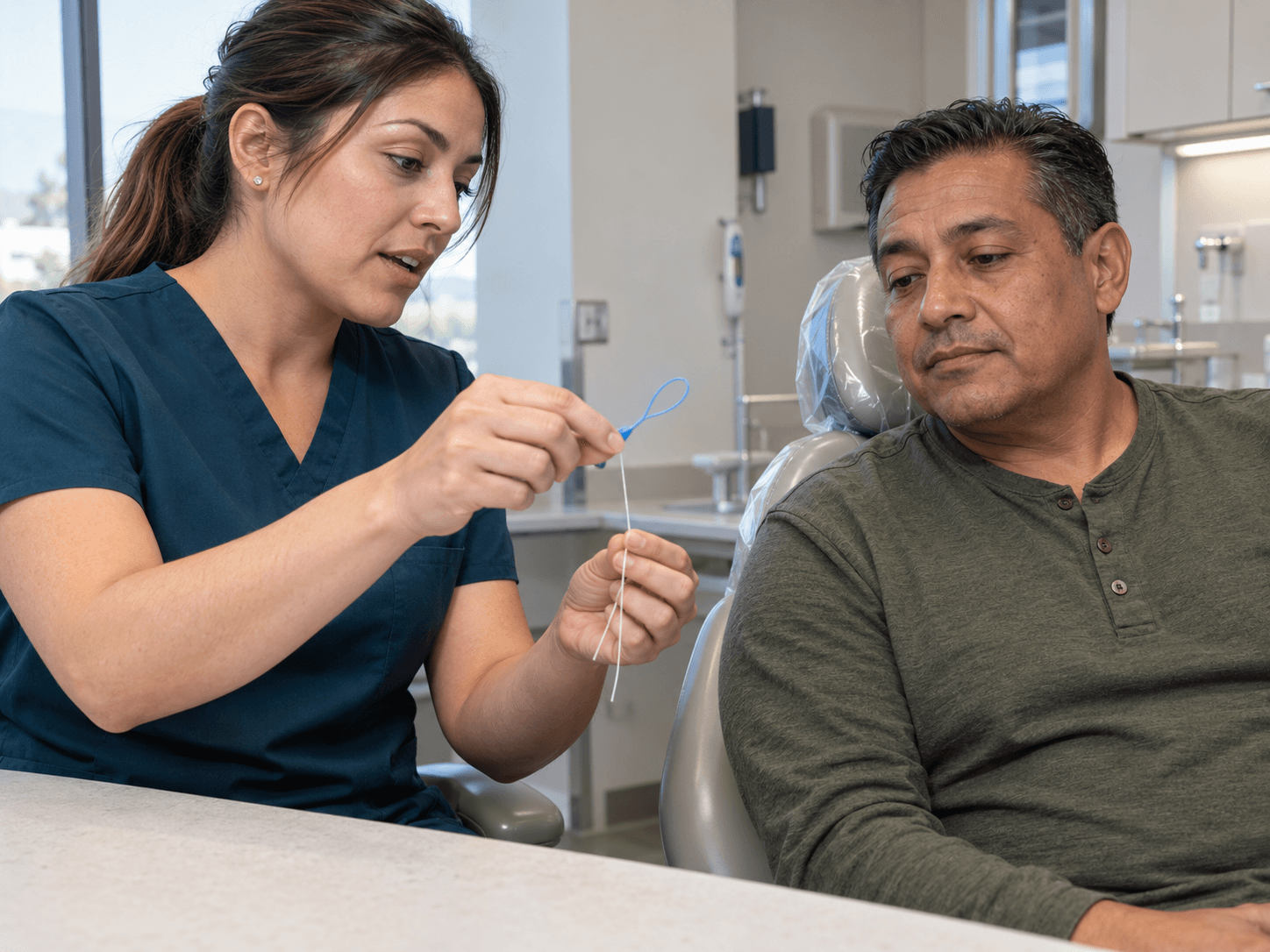 A hygienist shows a patient a blue floss threader and a length of floss.