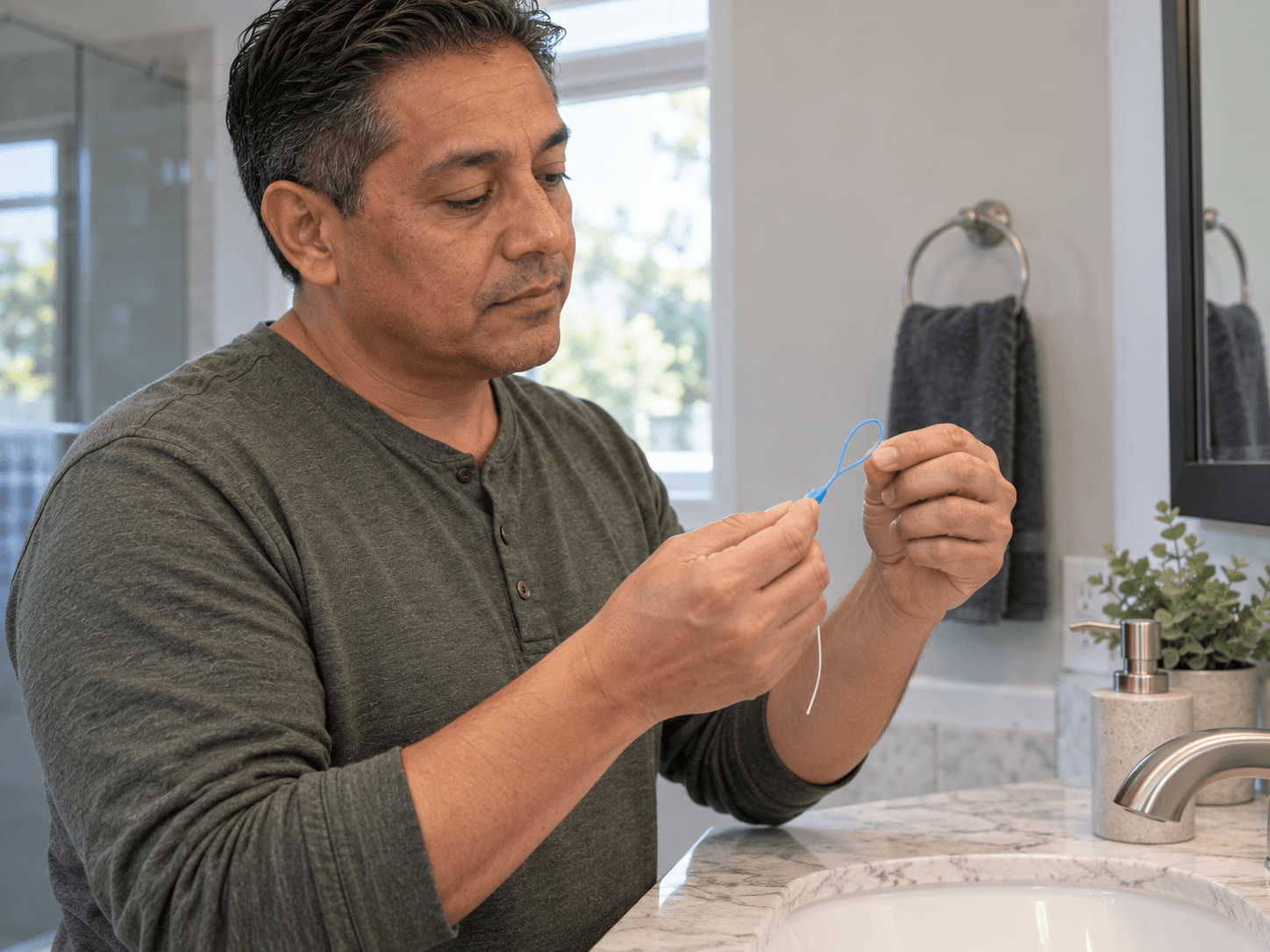 The patient prepares a floss threader and floss beside his bathroom sink.