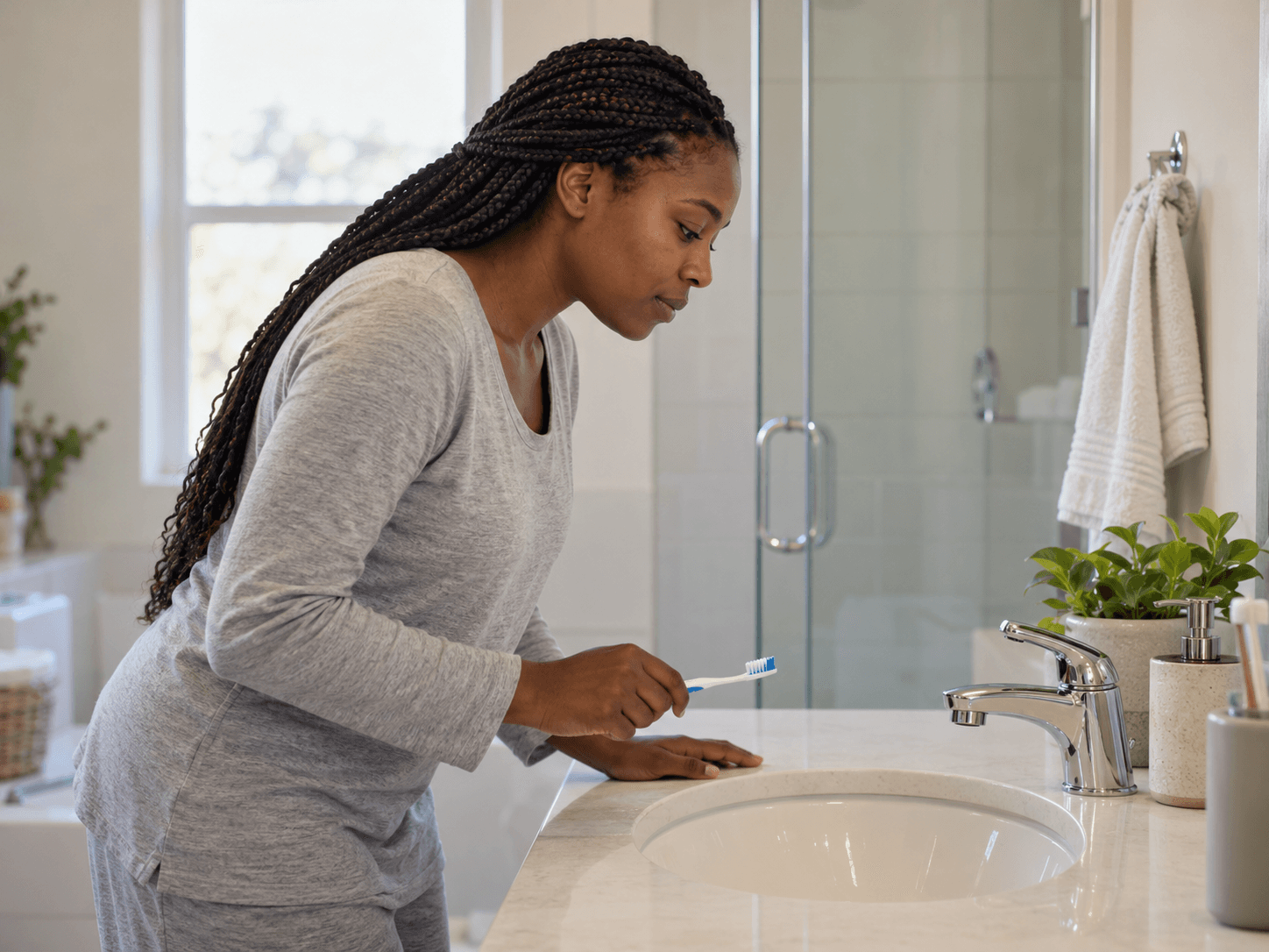 A woman holds her toothbrush beside the basin at the end of brushing, with the tap off.