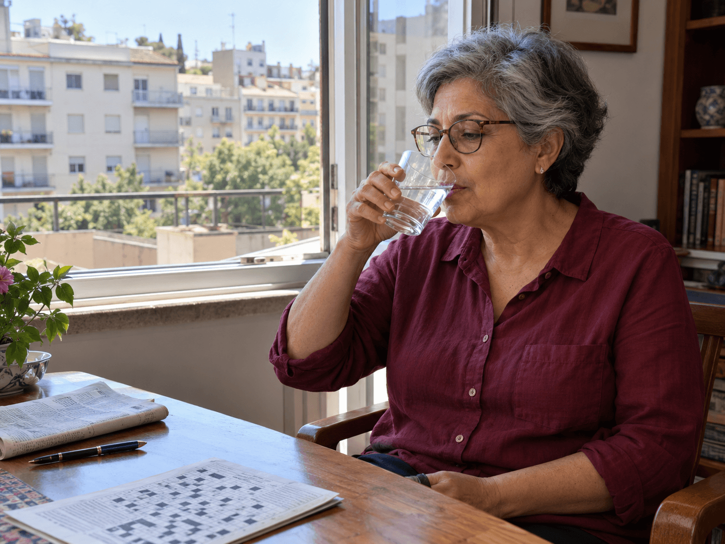 An older woman takes a small drink of water beside an apartment window.