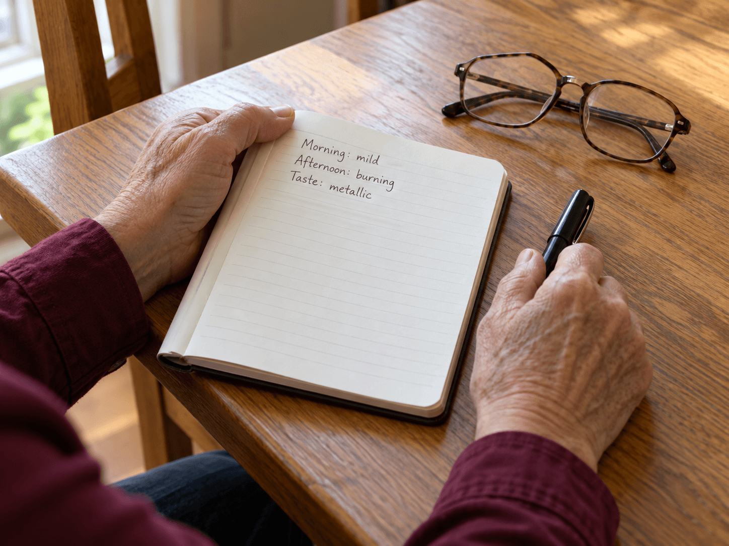 A notebook records mild morning symptoms, afternoon burning and a metallic taste.