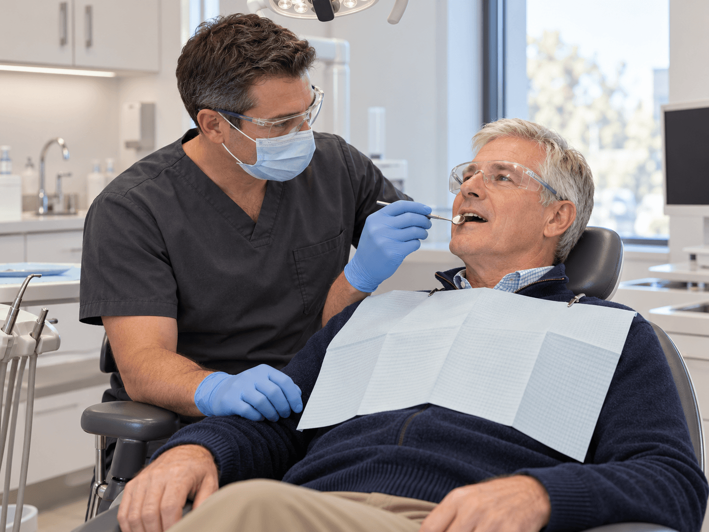 A dentist examines an older man before treatment planning; both wear protective eyewear.
