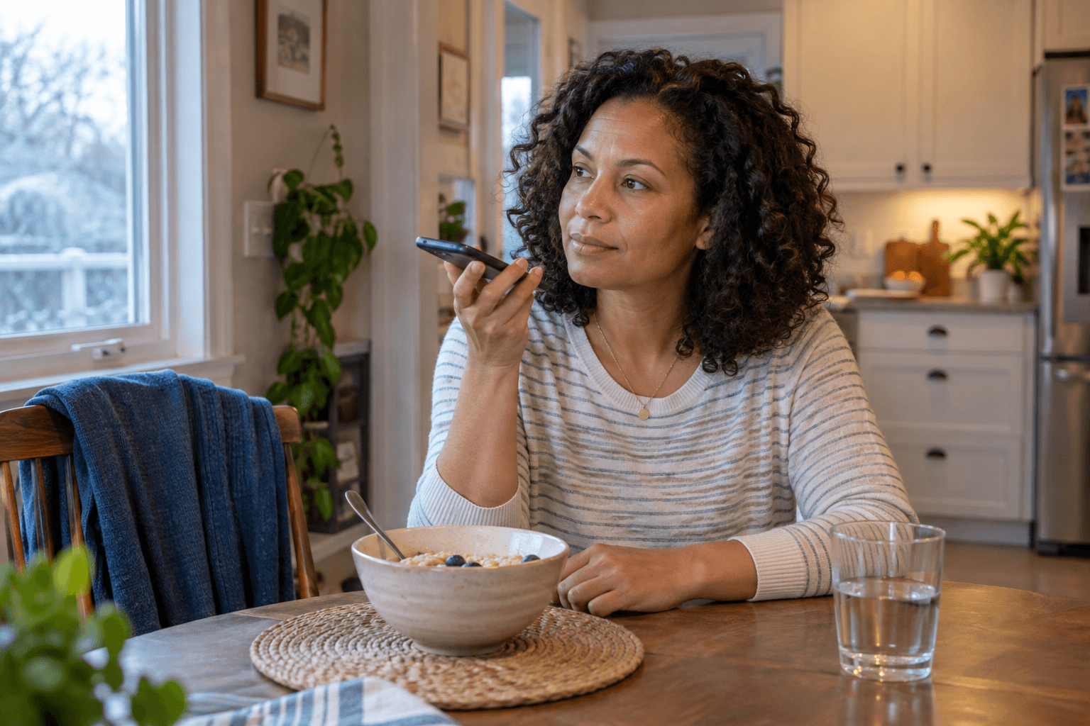 A woman asks a question on speakerphone at her breakfast table.