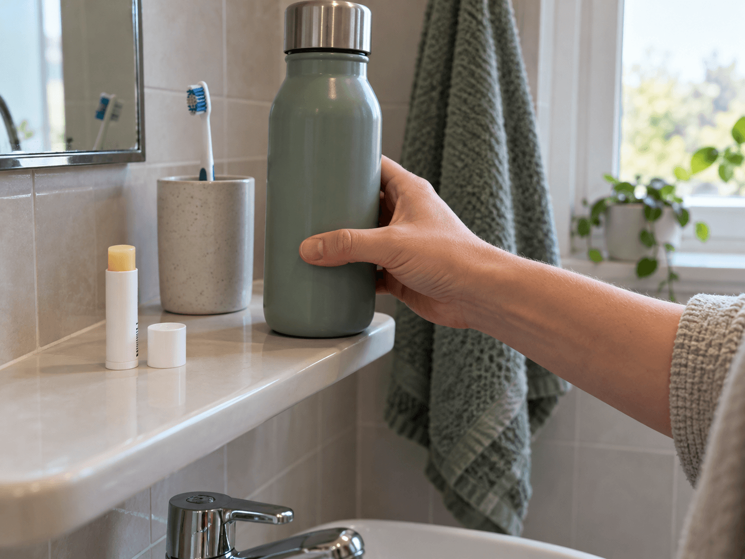 A hand sets a personal drinking bottle beside a lip balm and a separate toothbrush cup.