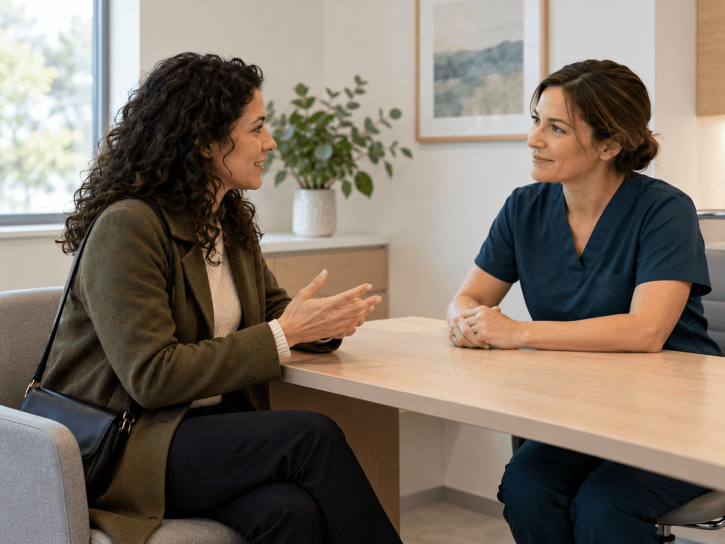 The woman discusses the reason for imaging before her scan.