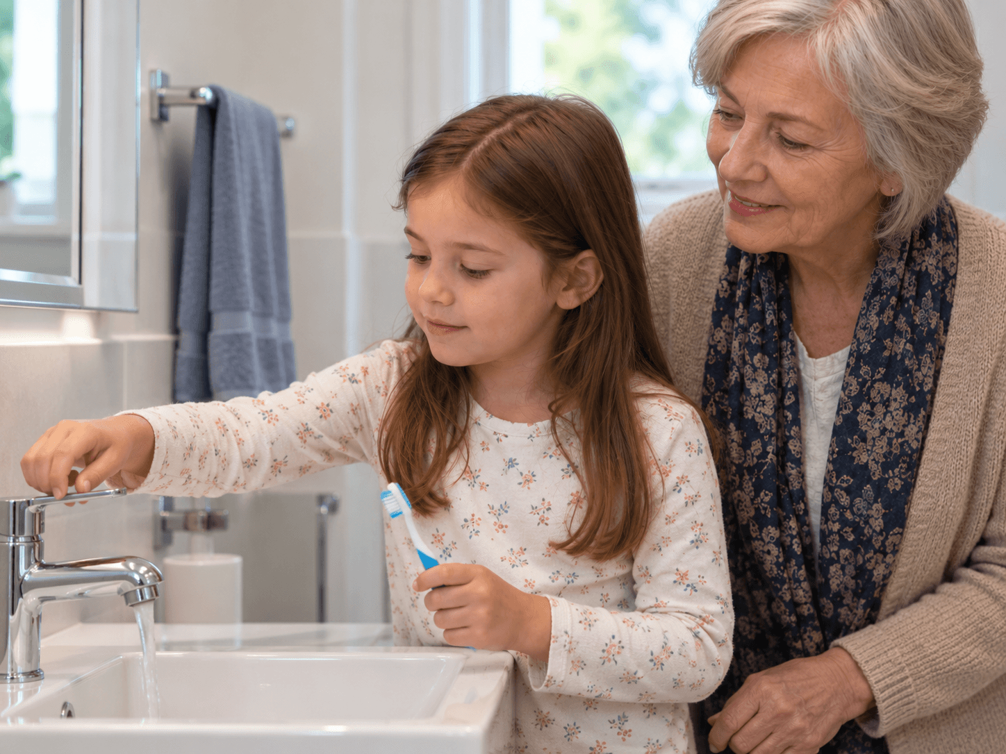 A girl reaches for the tap while holding her toothbrush, with her grandmother ready to help.
