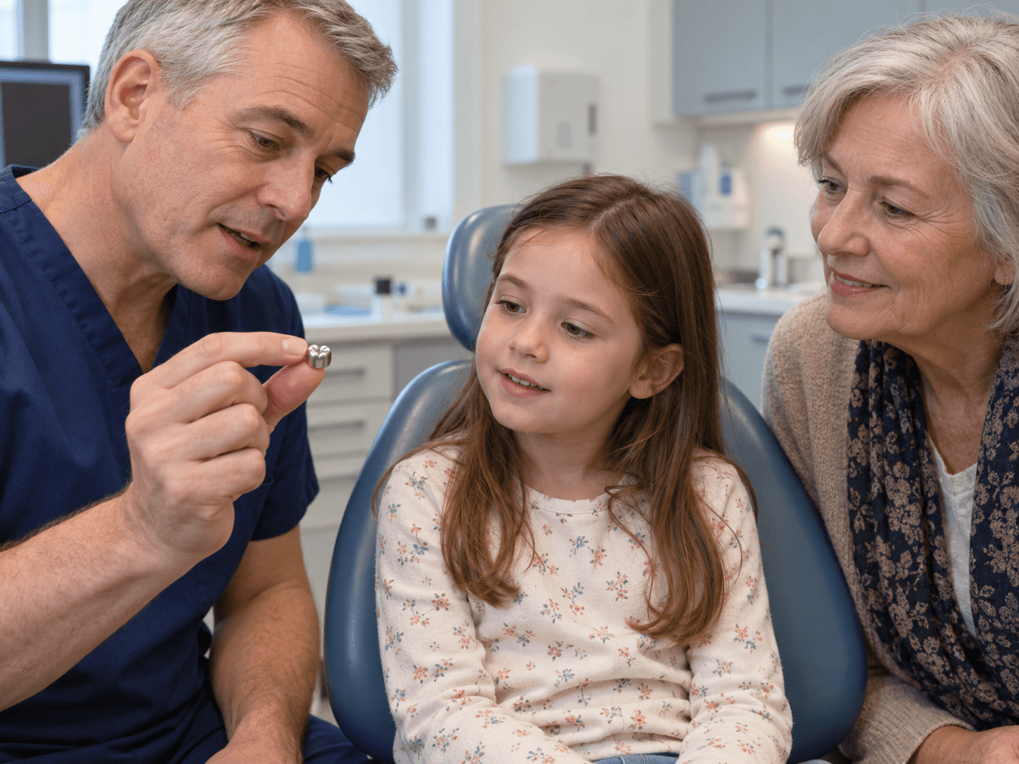 A dentist shows a small metal dental crown to a child and her grandmother before discussing treatment.