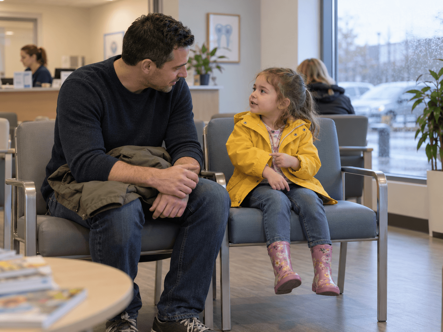 A father listens to his young daughter while they wait for a dental follow-up visit.