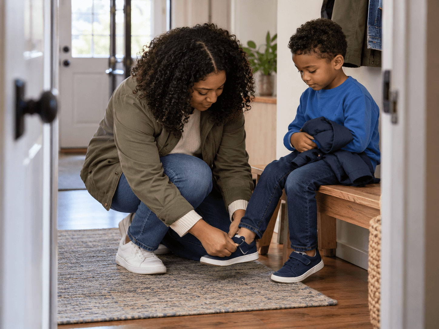 A mother fastens her child's shoe before they leave home for a dental appointment.