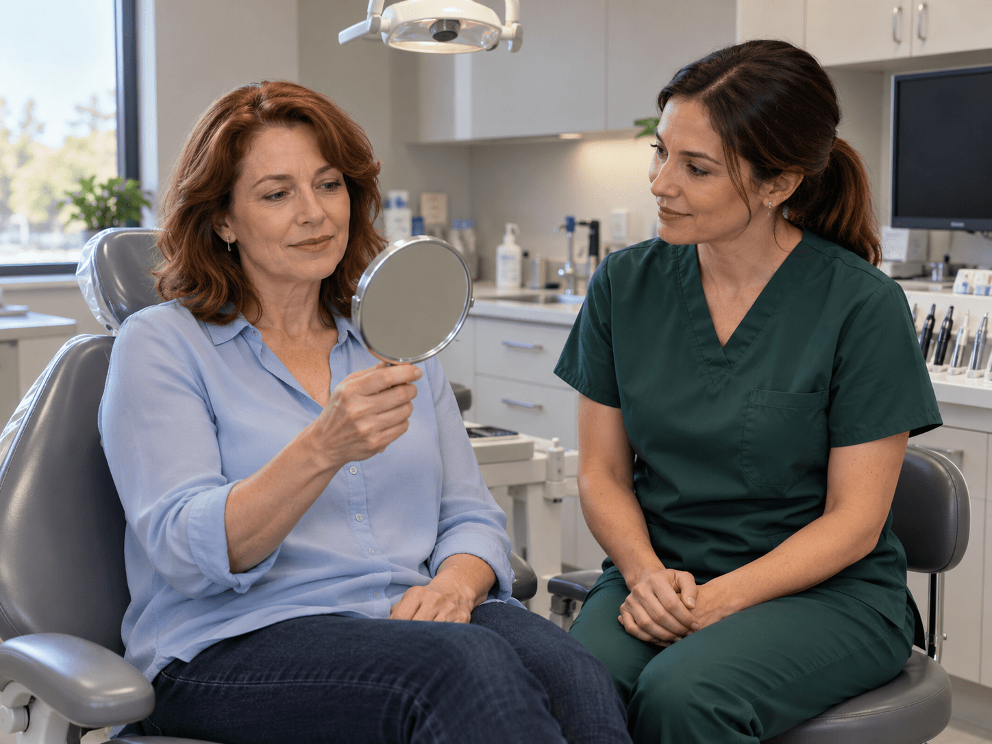 A woman discusses her preferences with a dentist while holding a hand mirror.