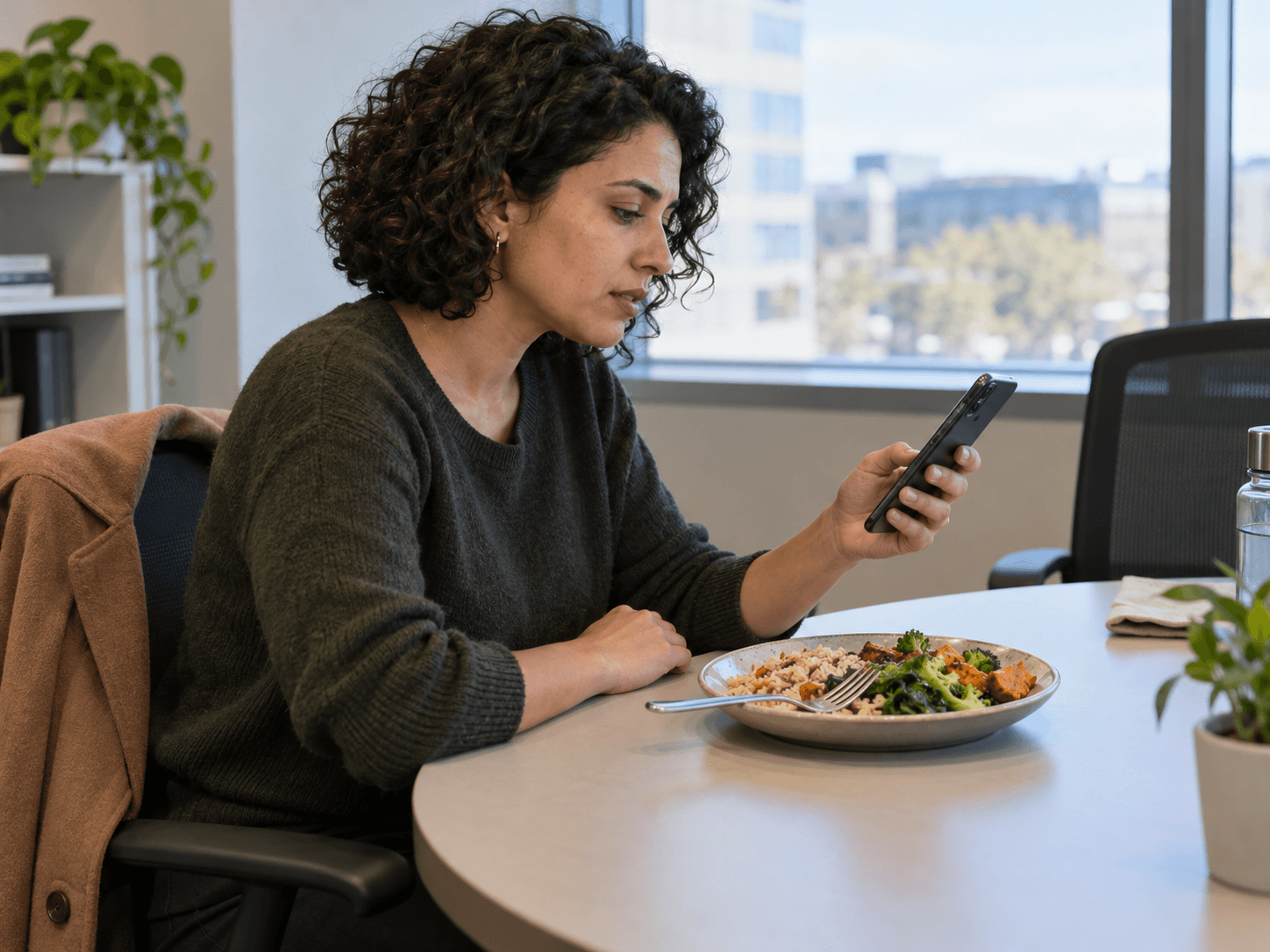 A woman pauses her office lunch to look at her phone.