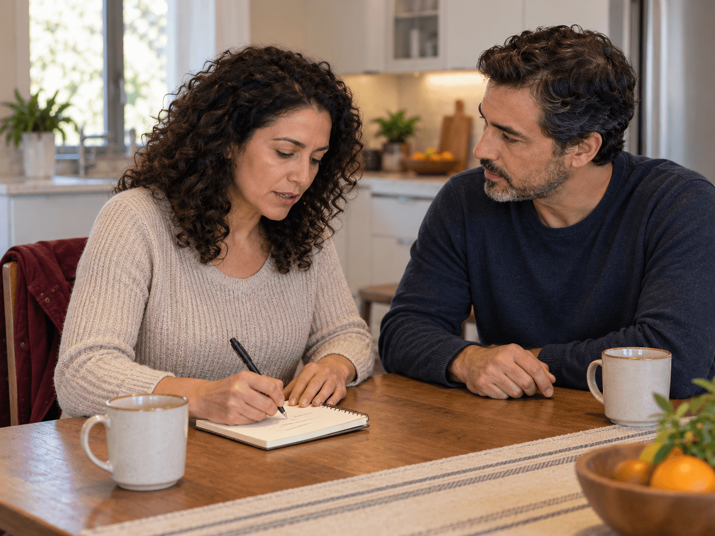 The woman writes down questions at home while her partner listens.