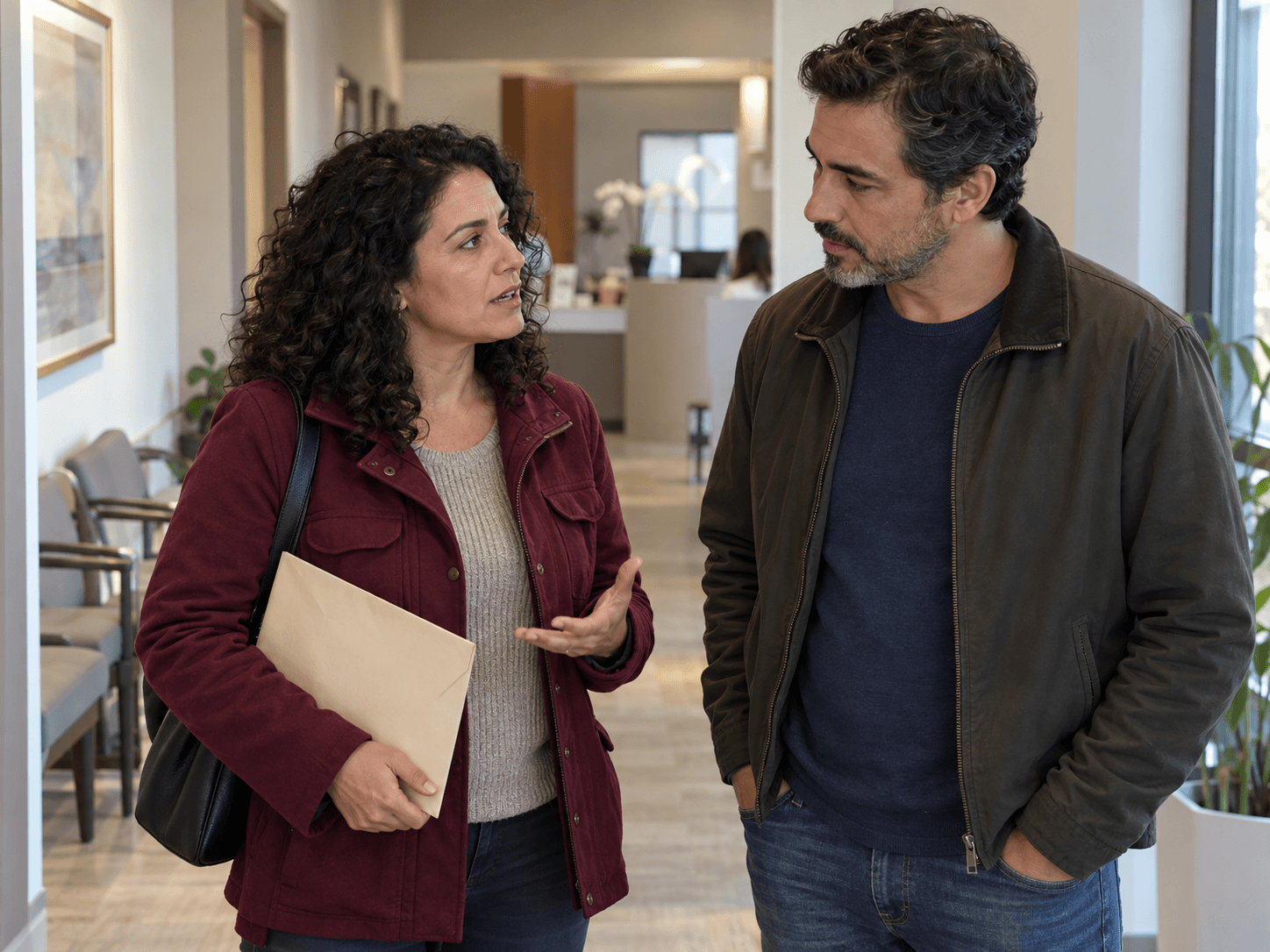 A woman and her partner discuss their questions after a dental consultation.