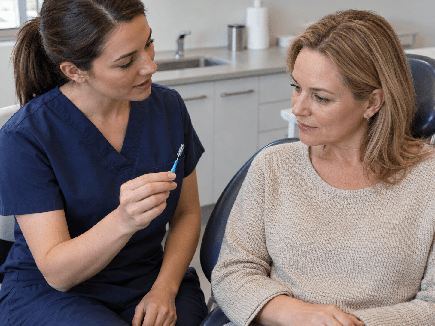 A hygienist shows a patient a small interdental brush after an examination.