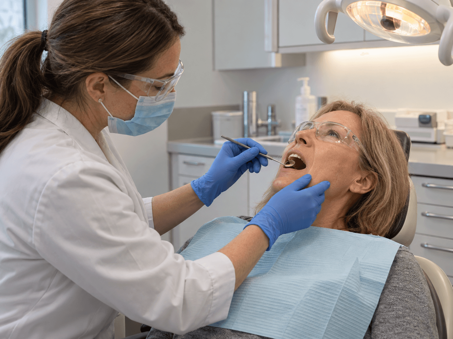 A dentist uses a small dental mirror during an examination of a patient wearing protective glasses.