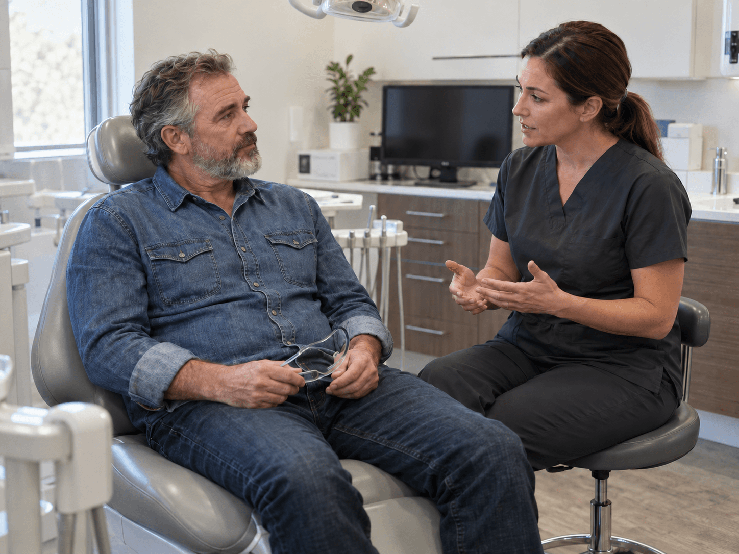 A patient and dental clinician discuss a treatment plan beside a powered-off monitor.