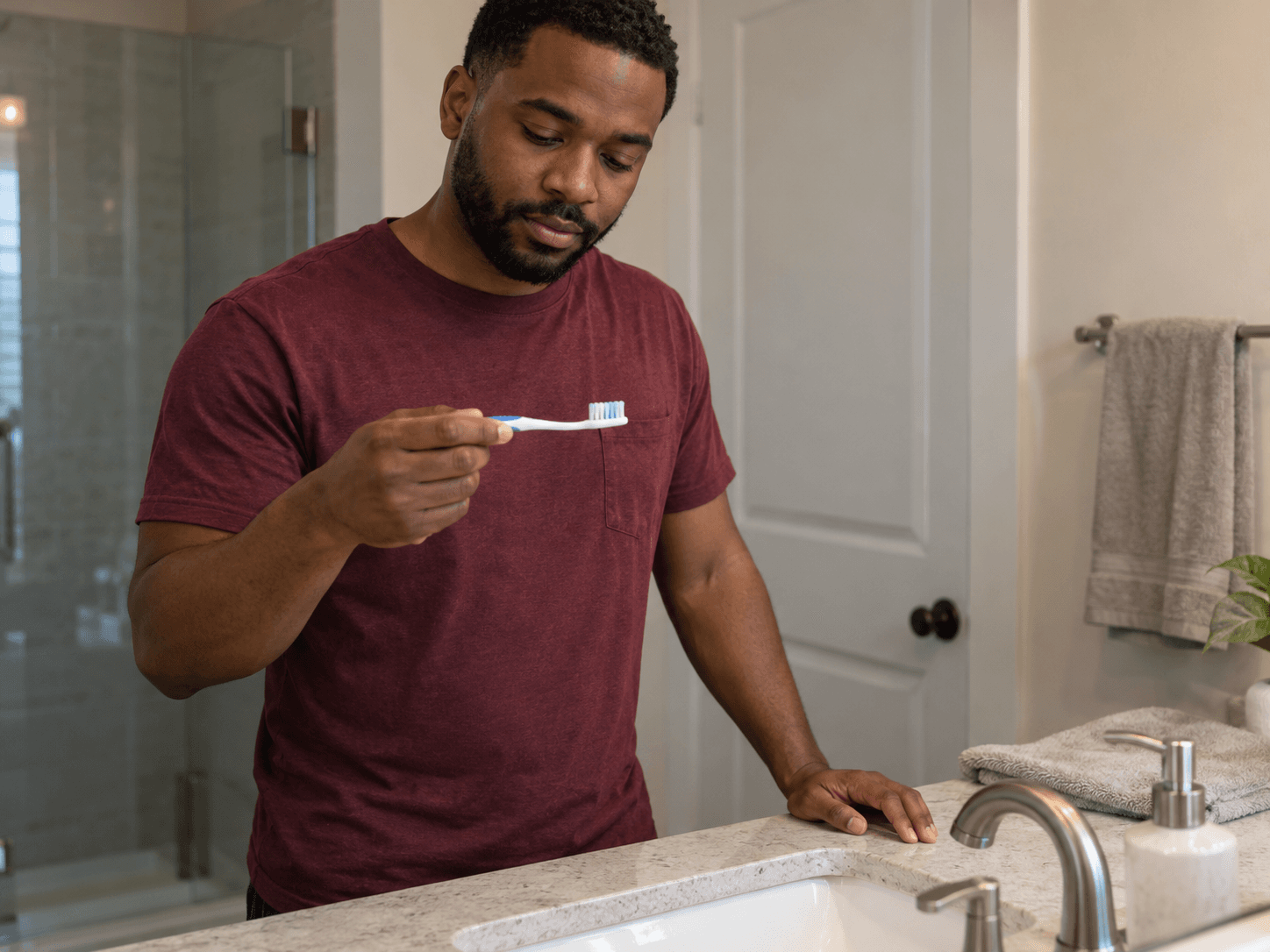 A man holds a soft toothbrush while standing beside his bathroom sink.