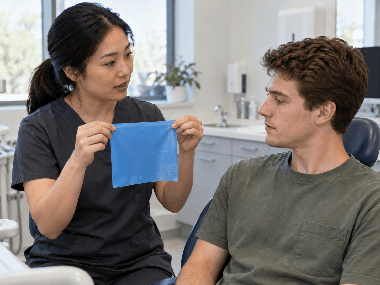 A dentist shows a patient an unpunched blue dental-dam sheet before treatment.