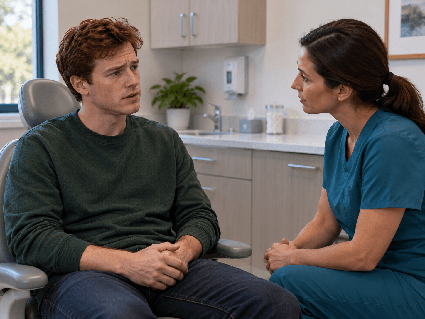 The same man discusses his extraction pain at a follow-up dental visit.