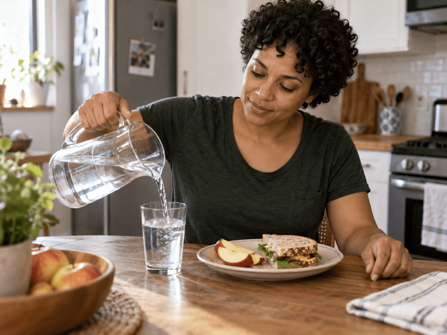 A woman pours water into a glass beside her lunch.