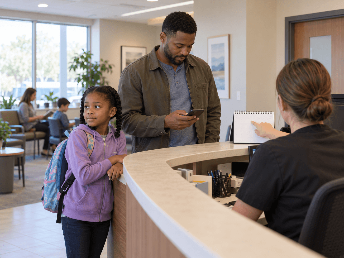 A parent arranges a follow-up time at an orthodontic reception desk while his child waits beside him.