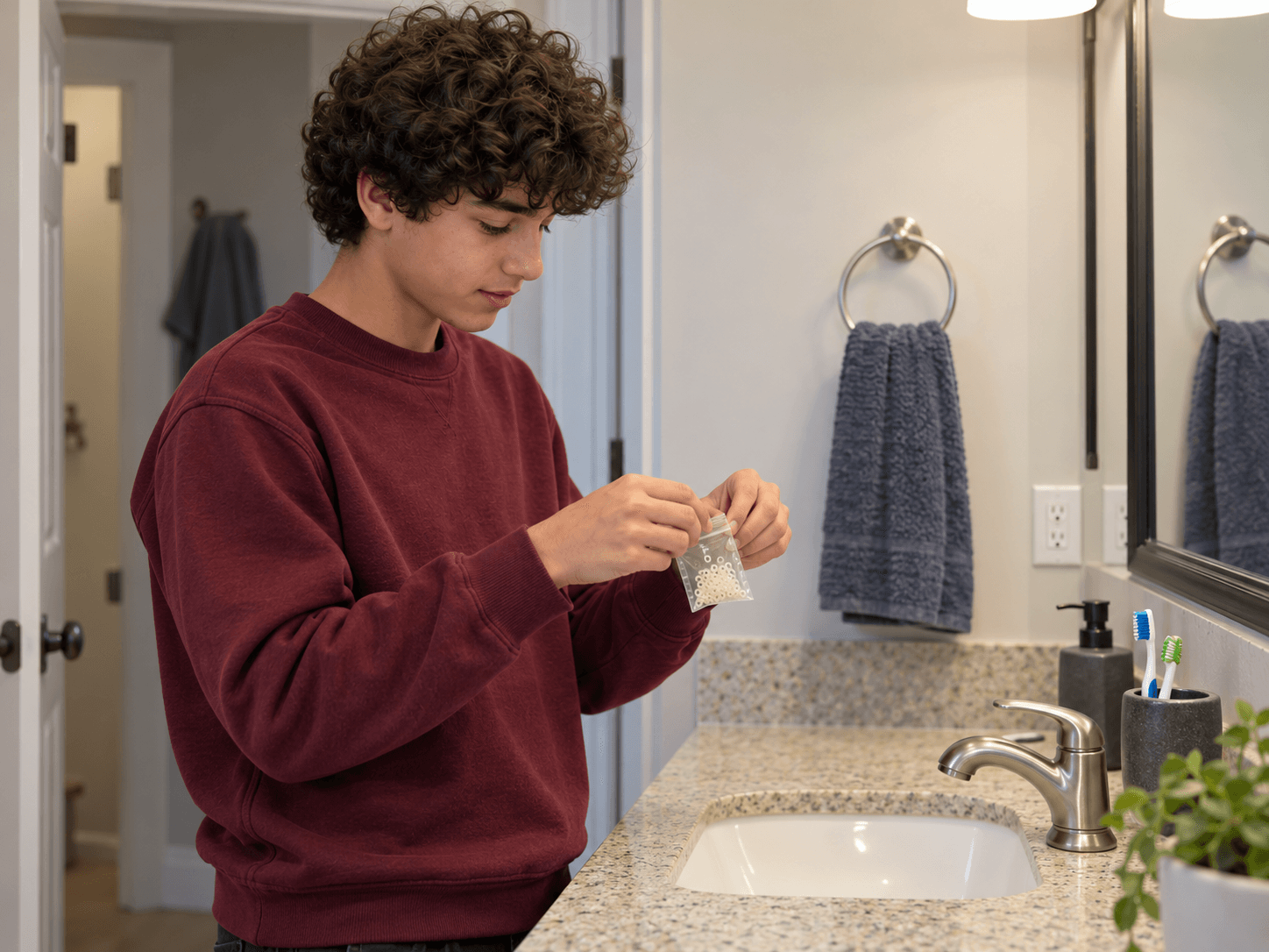 A teenager opens his prescribed packet of orthodontic elastics with clean hands.