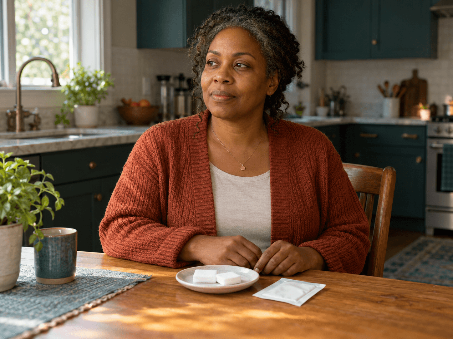 A woman rests upright at her kitchen table beside clean folded gauze.