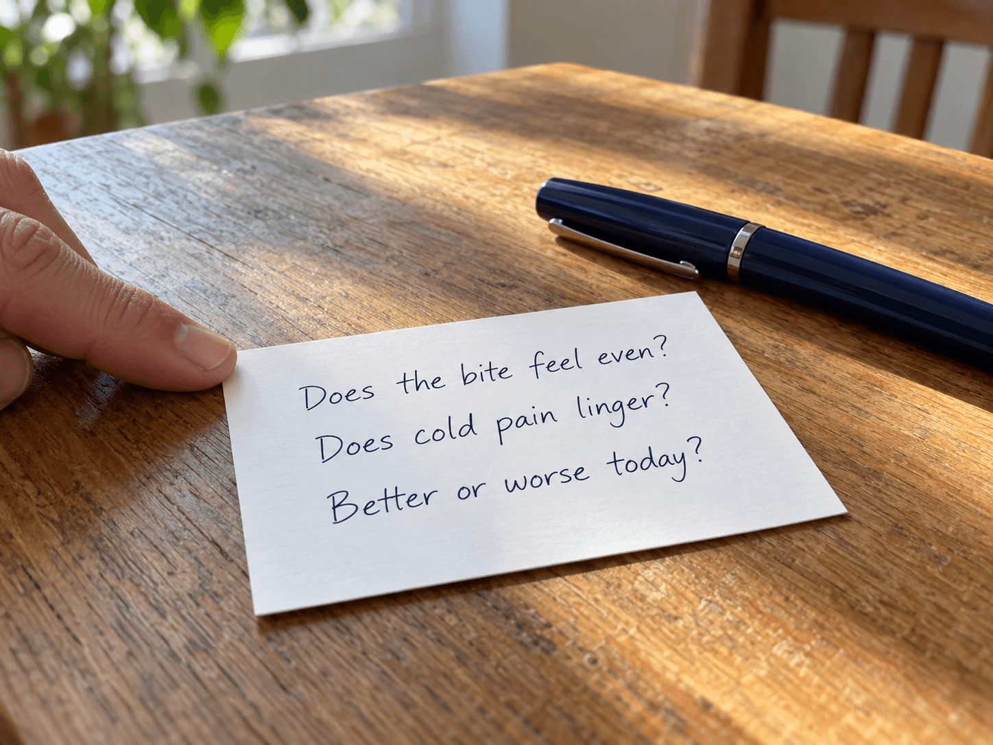 A note asks whether the bite feels even, cold pain lingers and symptoms are better or worse today.