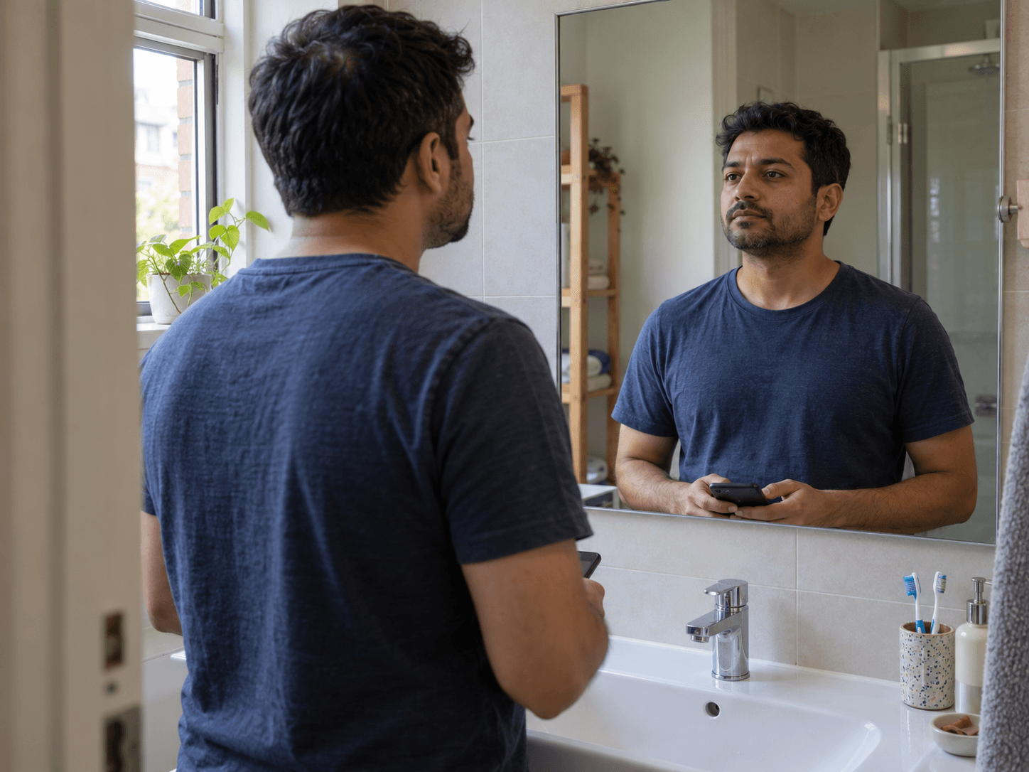 A man looks at his reflection in a bathroom mirror while holding his phone.