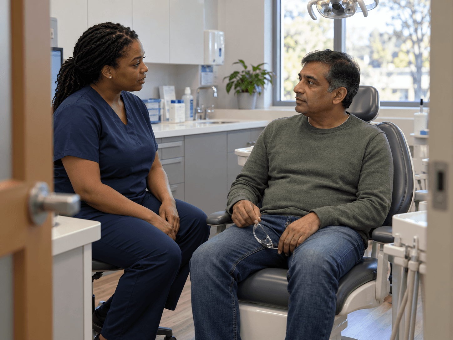 A dental hygienist and a patient discuss findings after his examination.