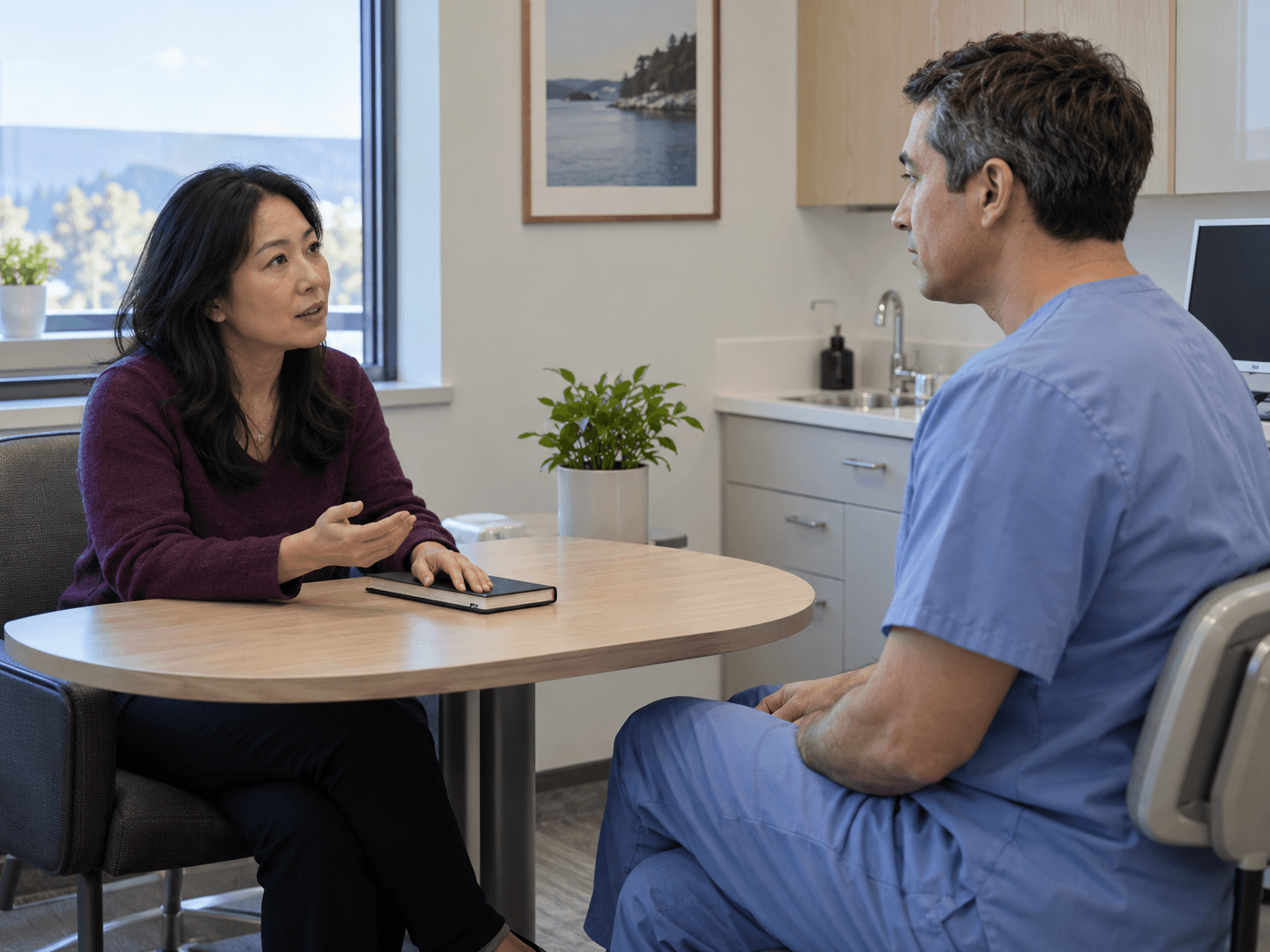 A woman asks a dental clinician a question with her notebook on the consultation desk.