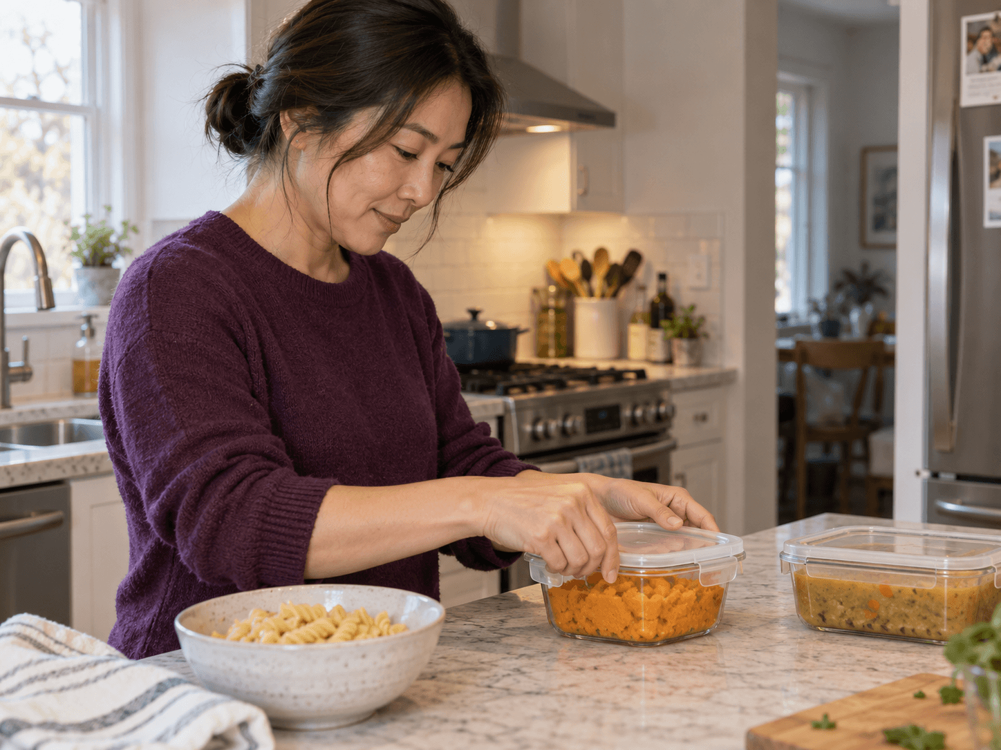 A woman packs soft food into containers before a planned dental procedure.