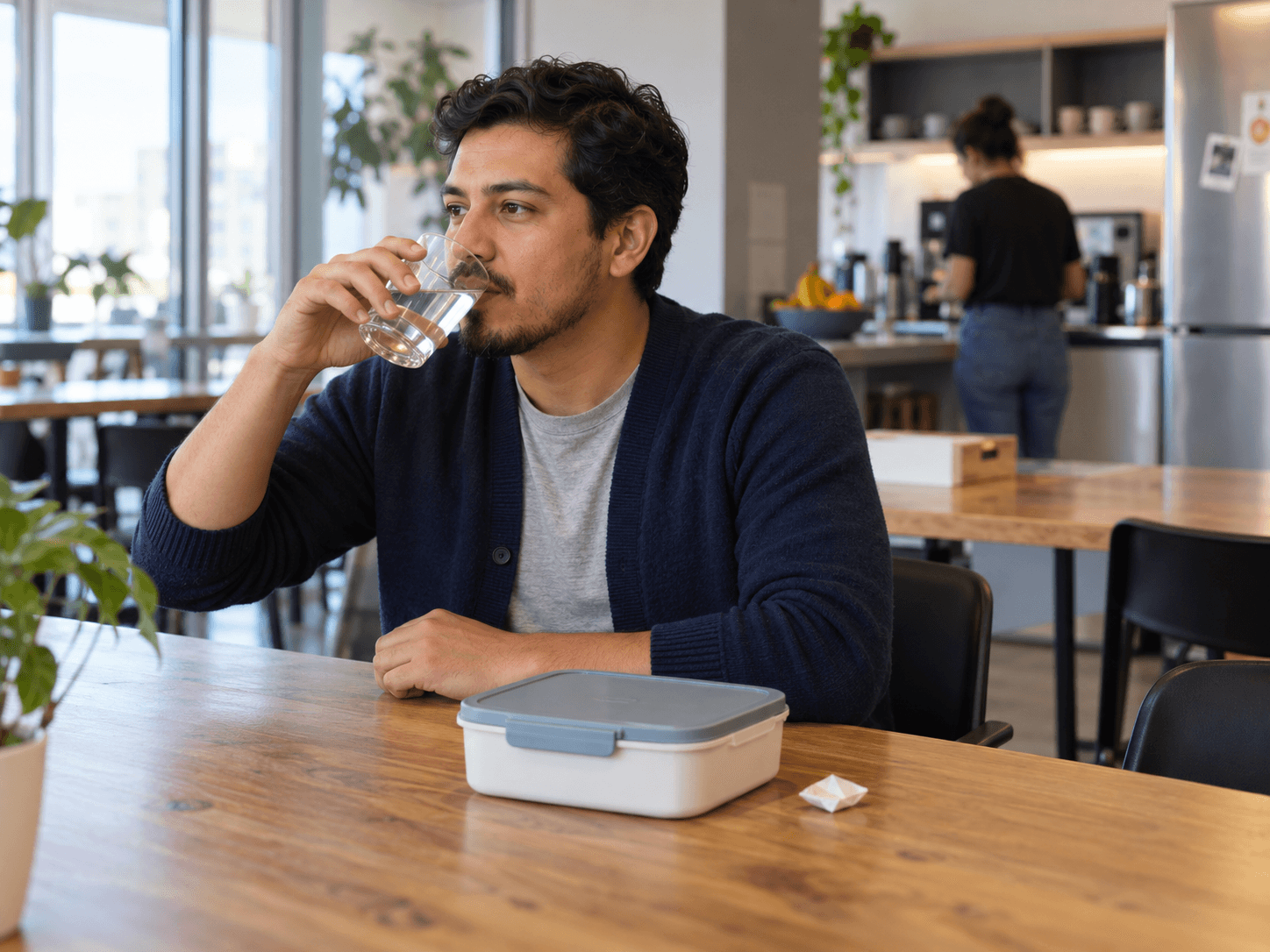 A man drinks water at an office table after lunch.