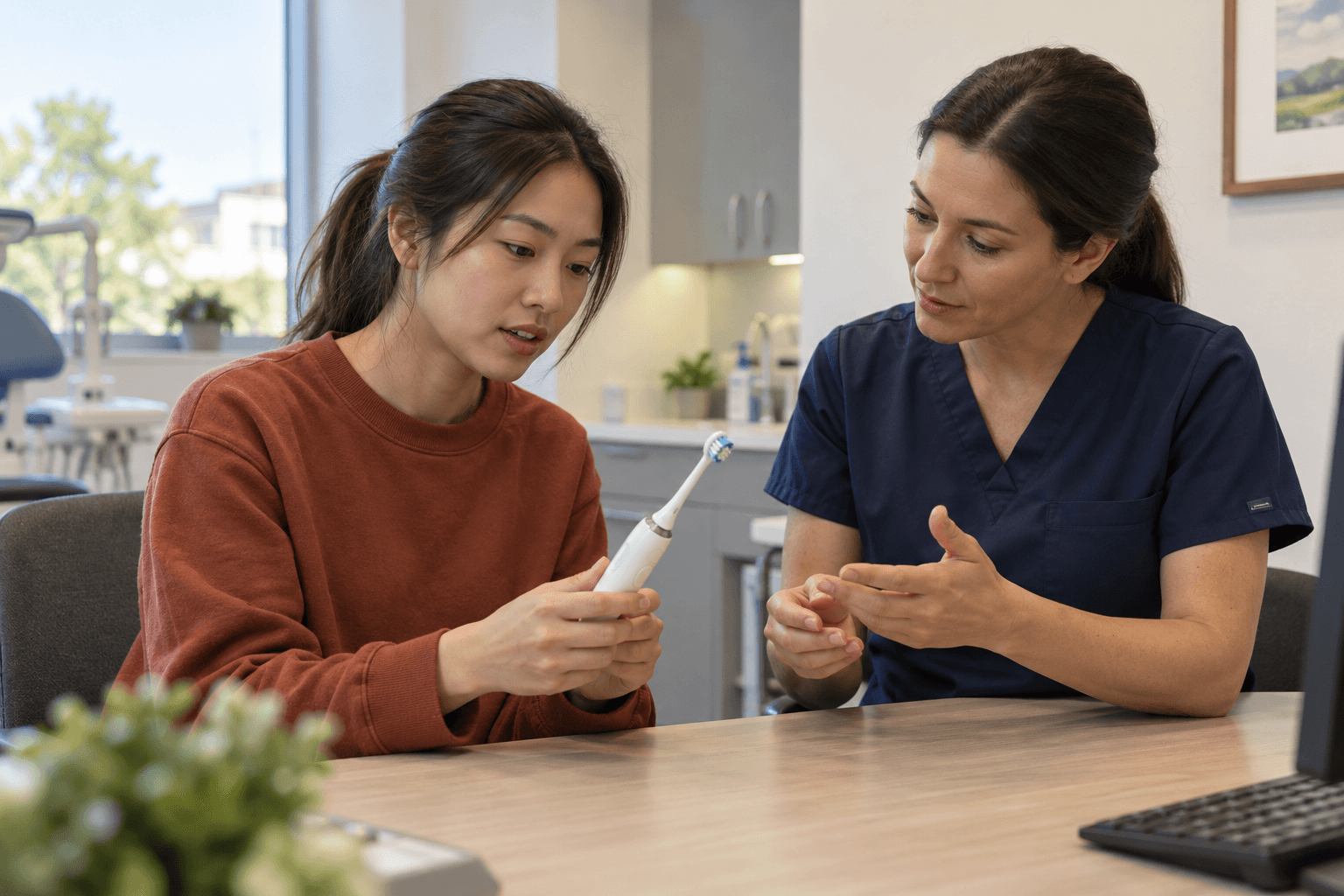 A woman and a hygienist look at her electric toothbrush during a seated discussion.