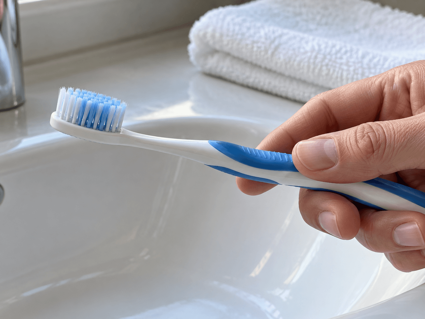 A hand holds a soft manual toothbrush with even bristle tufts above a sink.