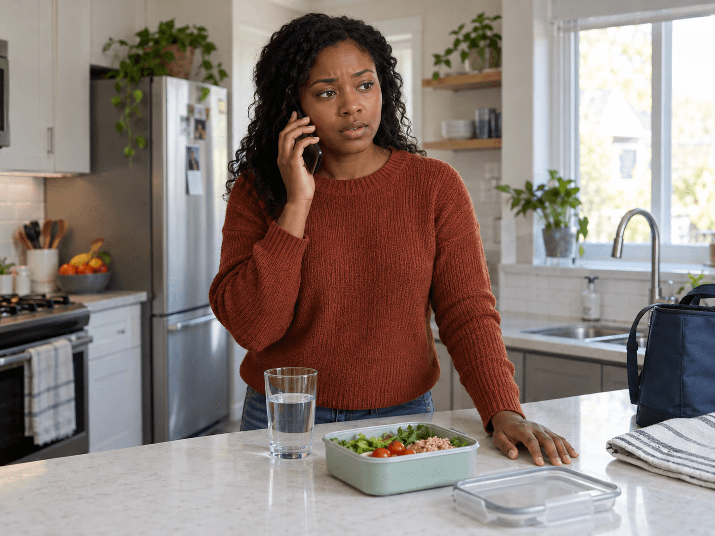 A woman calls the dental office from her kitchen beside a packed lunch.